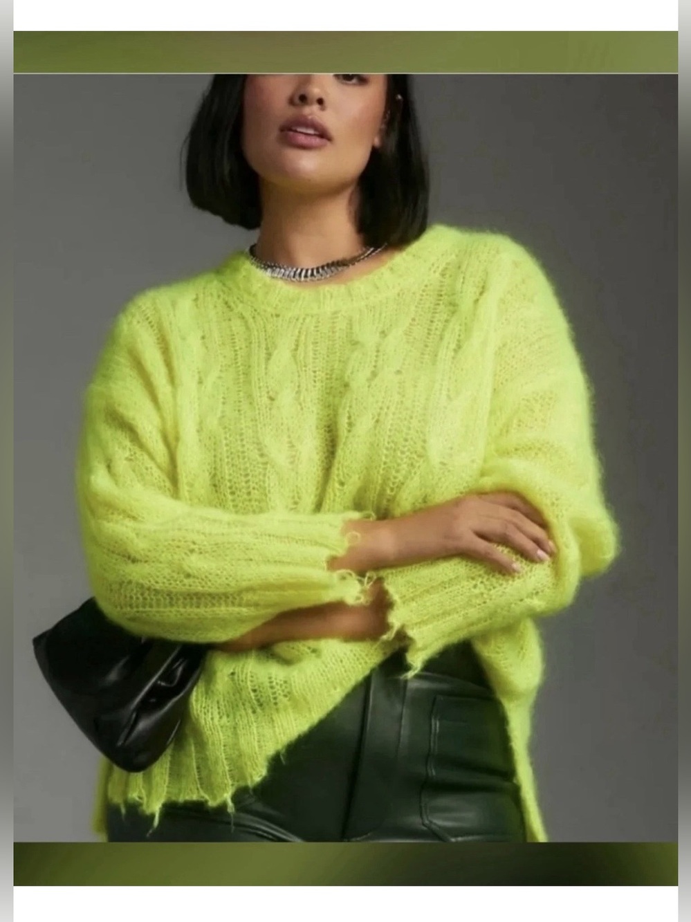Anthropologie yellow mohair knit pullover sweater cable knit crew neck S NWT